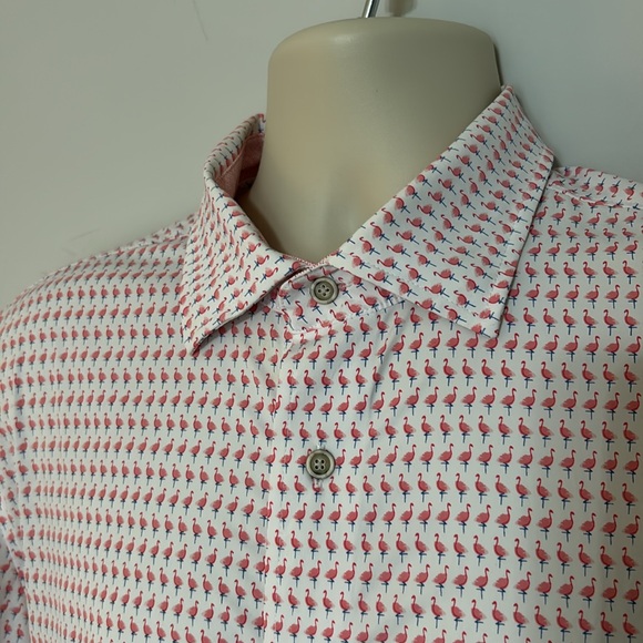 JOHNNIE-O TOP SHELF MENS LARGE SHORT SLEEVE BUTTON UP FLAMINGO PRINT - Picture 2 of 6